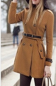 Yellow /Navy blue wool women coat long sleeve coat with belt Spring Autumn Winter --CO041