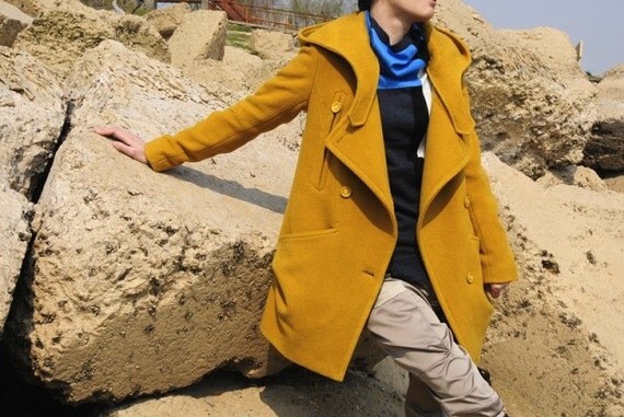 Yellow wool women jacket wide lapel women coat Spring Autumn Winter--CO060