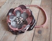 Pink and Grey Flower Headband, Pearls Hair Clip, Handmade Baby/Girls Headband, Single Flower Hair Pin, Large Flower Hairband, Photo Prop