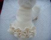 dog sweater, pet clothes,  dogs dress, cream with lots of frills.