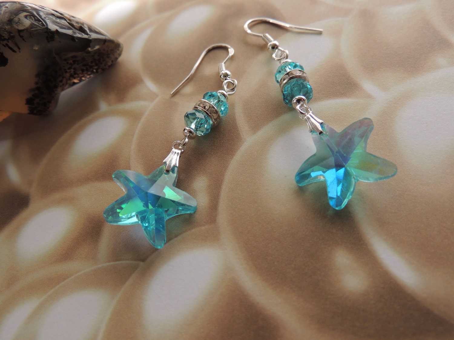 Aqua Starfish Earrings, Crystal Starfish Earrings, Starfish Jewelry. A174 - pnljewelrydesigns