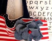 HANDMADE Red and White STRIPED tote bag with Denim Flower PIN