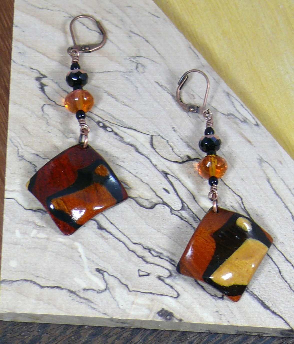 Unique Earrings Handmade Exotic Wood Bead Dangle Earrings OOAK Wood Sculpture Square Jewelry Modern Earrings Original Abstract Art Jewelry
