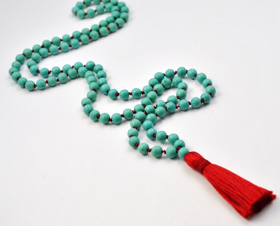 Turquoise and Red Silk Mala Beads, Chalk Turquoise Mala Necklace, Red Tassel