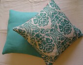 CUSHION COVERS - Set of Two -Hessian Throw Pillows - handmade - red chevron, teal design, and aqua indoor/outdoor cushions.