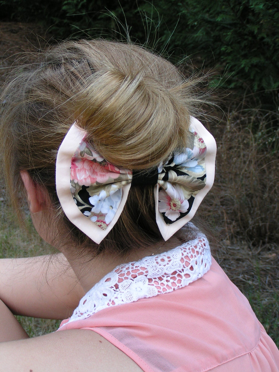 Large 6x5 peach floral on solid peach color fabric hair bow for teens or women, french barrette, bow clip