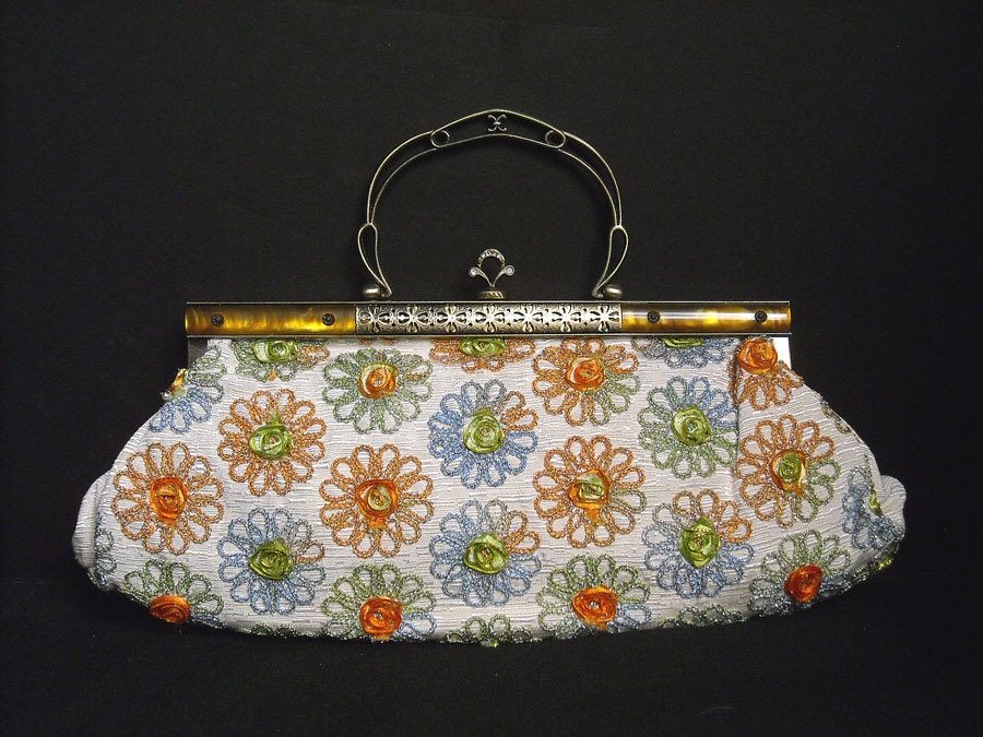 Unused Vintage Embellished Floral Ivory Satchel Hand Bag Purse
