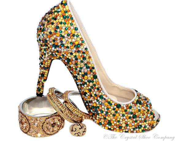 Swarovski Crystal Encrusted Wedding bridal gold green emerald peeptoe heels - TheCrystalShoeCo