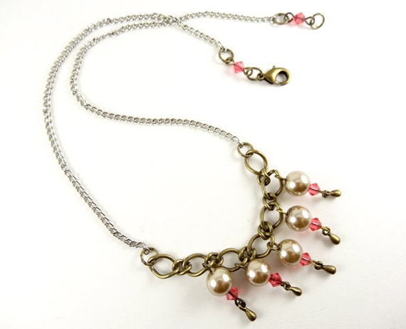 Short Necklace - Pearl Bead Swarovski Crystal - Shabby Chic Jewelry