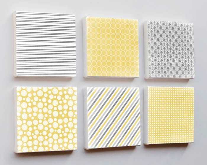 Geometric Art 6x6 - mid century modern wall art canvas prints set of six 6 yellow black gray stripes argyle polka dot