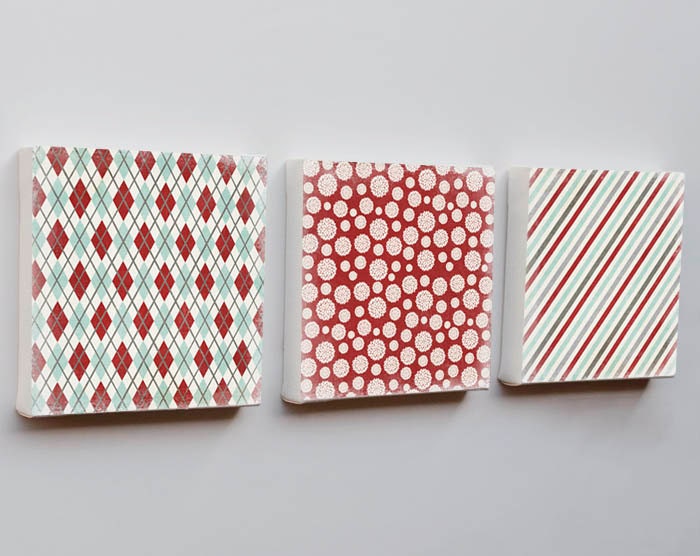Contemporary Geometric Prints 6x6 - set of three canvas art blocks red mint green gray patterns stripes argyle polka dot home decor