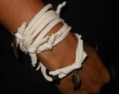 Necklace/Wrap Bracelet, 2 Piece Set, T Shirt Fabric, Metal Leaf Detail, Dark Wood Beads