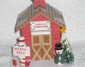 Vintage Christmas Animated Santa s Workshop Music Box wooden musical Hear Comes Santa Claus Bottle brush tree snowman North Pole
