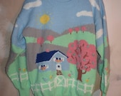 Vintage Hand Knit Sweater Happy Home Bright Blue Green Yellow Tangerine Trees Clouds Sun Flowers  Adult Large