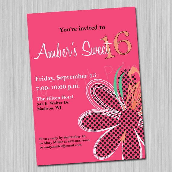 Sweet Sixteen Invitation Black Polka Dot Flower--Printable DIY Digital 5x7