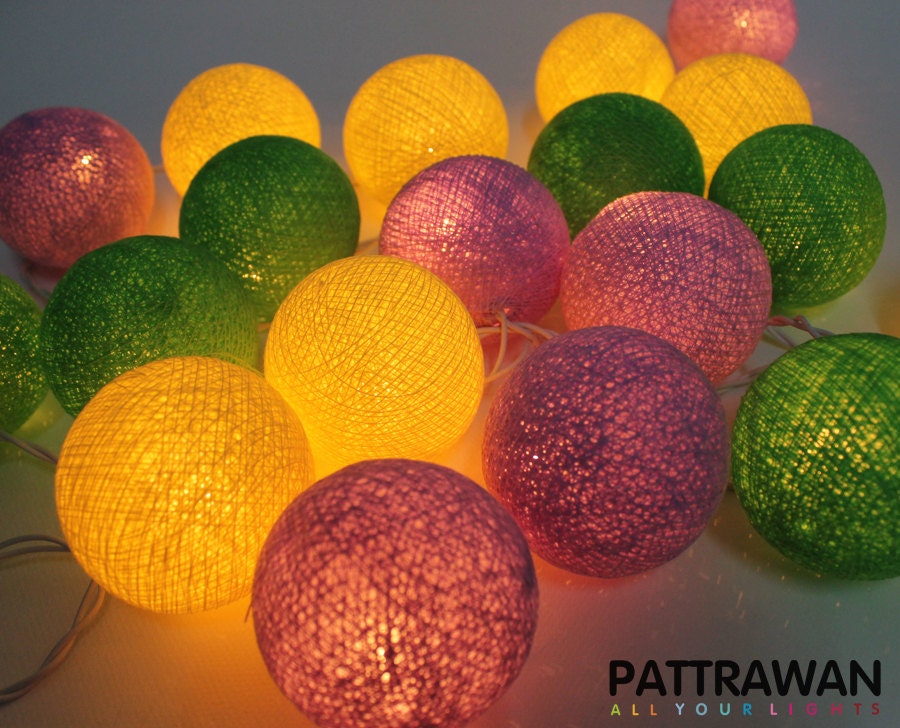 Green Yellow And Purple Cotton Ball String Lights, Fairy Wedding Decor