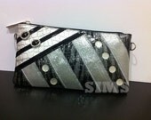Wristlet Bag: Silver,Black, Grey, Leather, Bling pouch with Rhinestones, hand stitched clutch