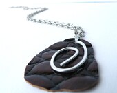 Long Pendant Necklace. Tribal Necklace. Brown Recycled Leather. Crocodile Printed. Hammered Aluminum. Handmade by SteamyLab.