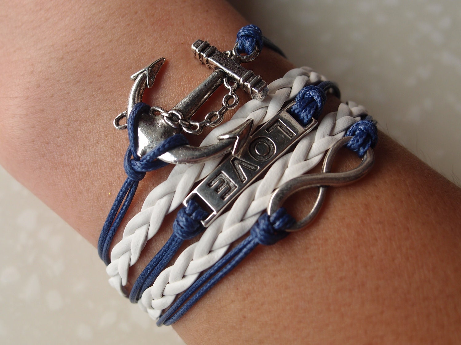 Nautical Bracelet - Antique Silver infinity bracelet, love bracelet, anchor bracelet, Navy Blue wax cord and Braid bracelet