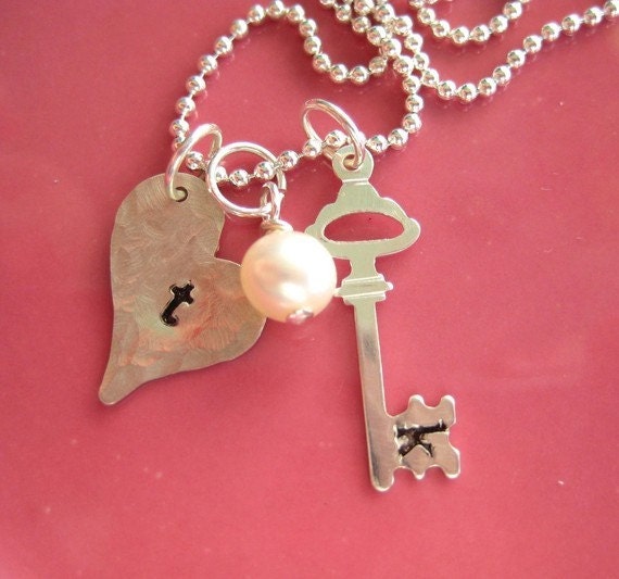 Stamped Heart Necklace - Sterling Silver Initial Heart - My Love