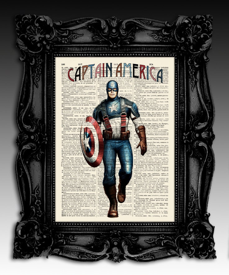 Captain America- Original illustration super hero art print 8"x11"- antique dictionary page - Vintage marvel art print poster.