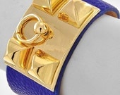 Bold Royal Blue and Gold Tone Metal Door Knocker and Stud Leatherette Snap Button Closure Cuff Bracelet