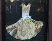 Paper Origami Dress: Made From Map Printed Paper and Framed for Wall Art