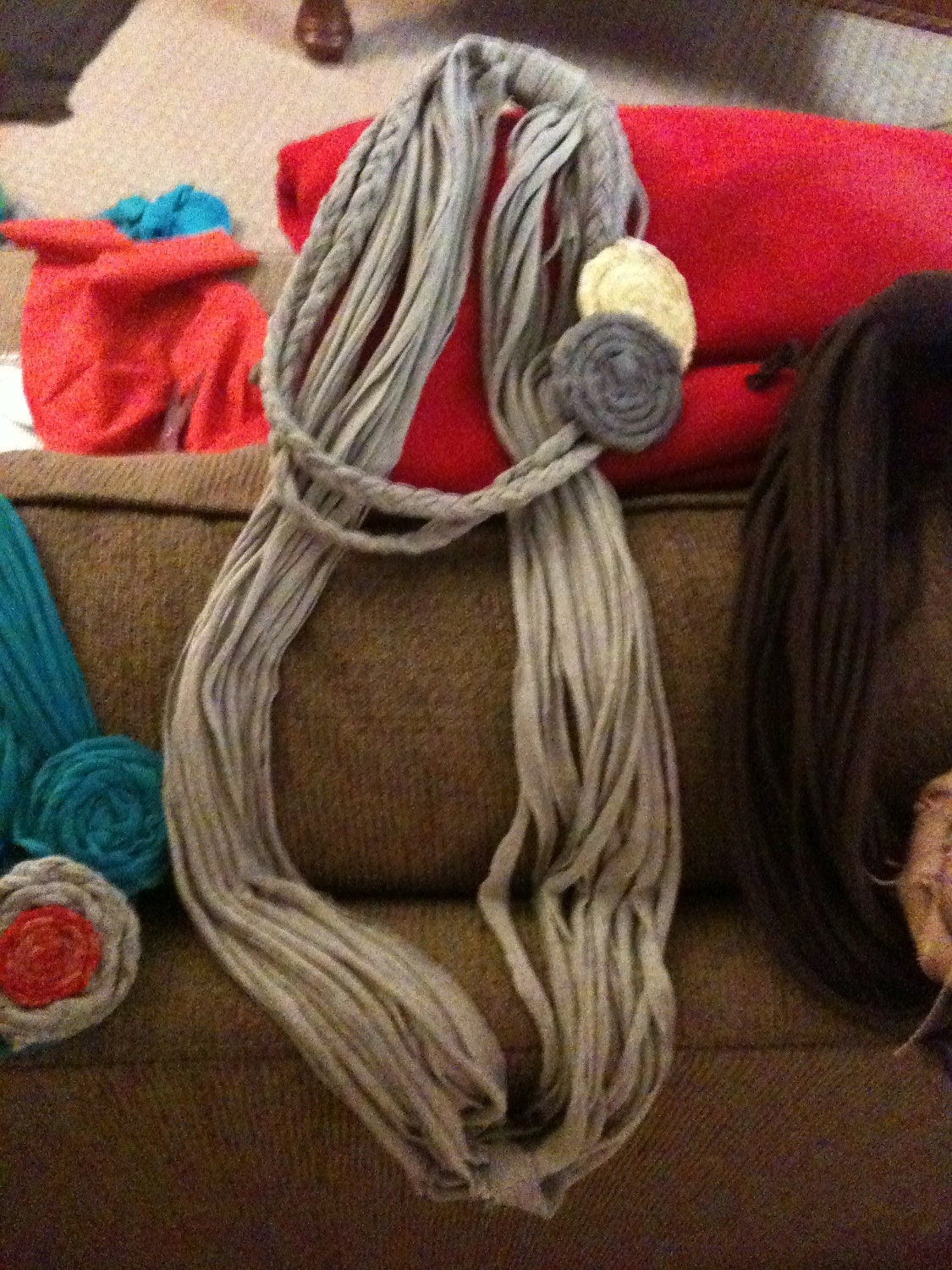 Heather Grey scarf, braided, XL style, Thin, grey and yellow linen flowers