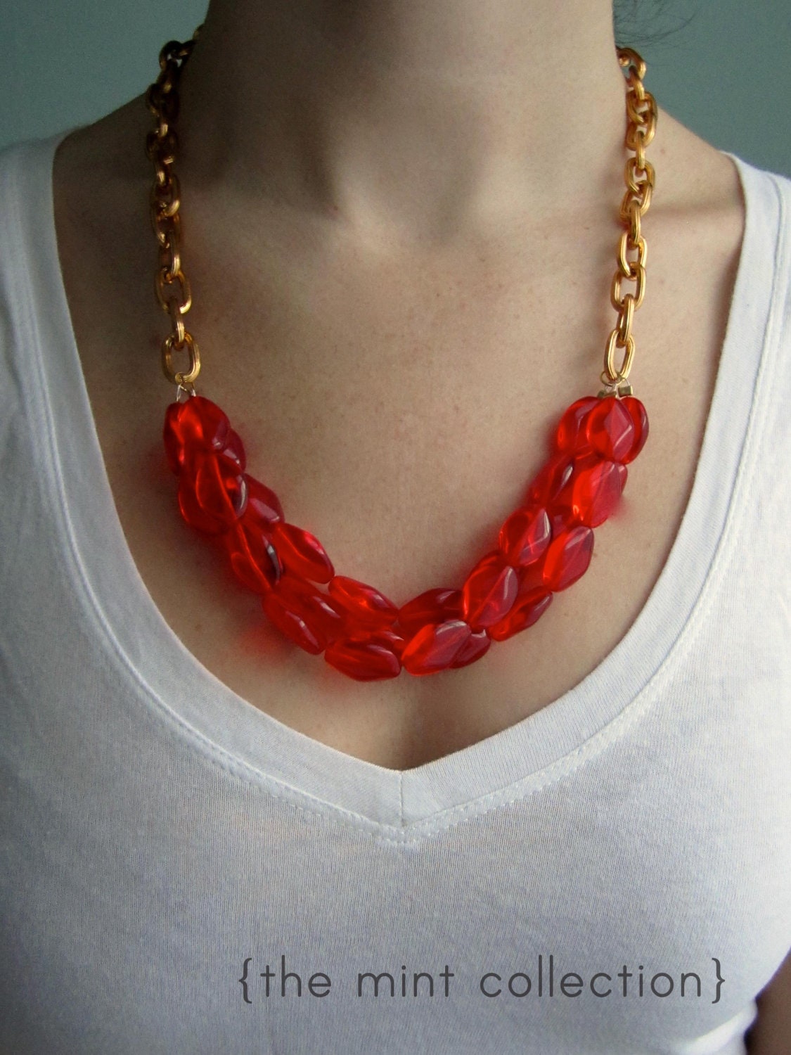 Fire Red and Gold Chain Statement Necklace - themintcollection