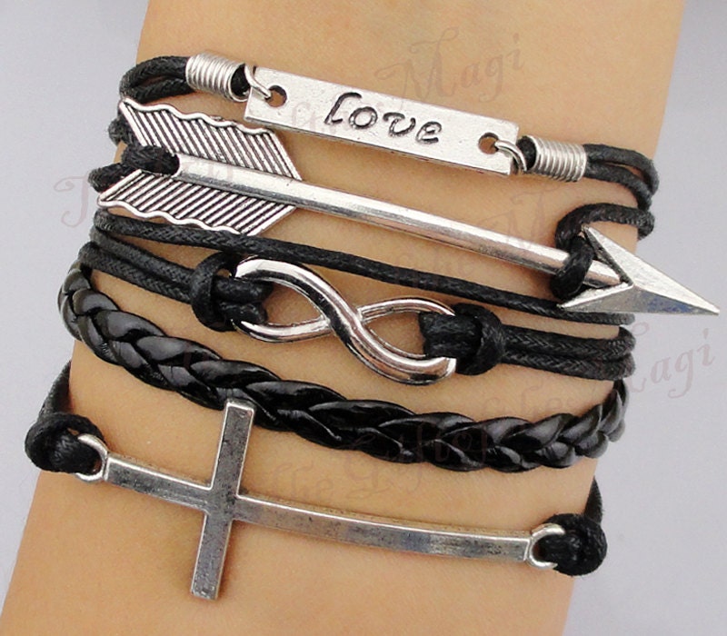 Infinity,Love,Arrow&Cross Charm Bracelet-Antique Silver-Wax Cords and Imitation Leather Bracelet-Personalized Bacelet,Friendship gift