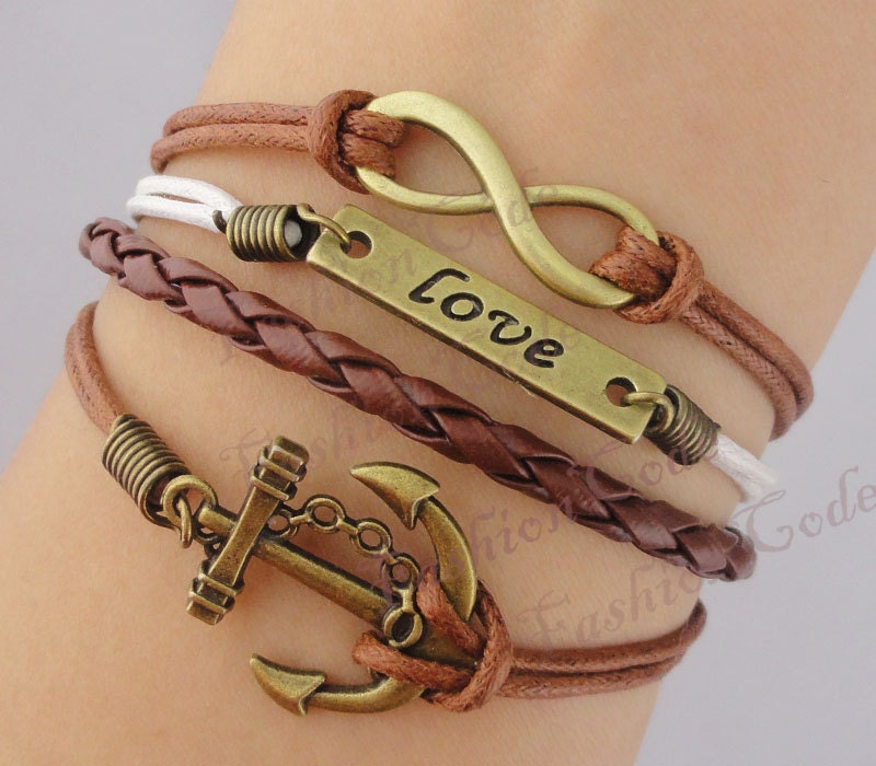 Infinity, Anchor & Love Bracelet-Antique Bronze Bracelet-  Imitation Leather Braid Bracelet-friendship bracelet,Personalized bracelet