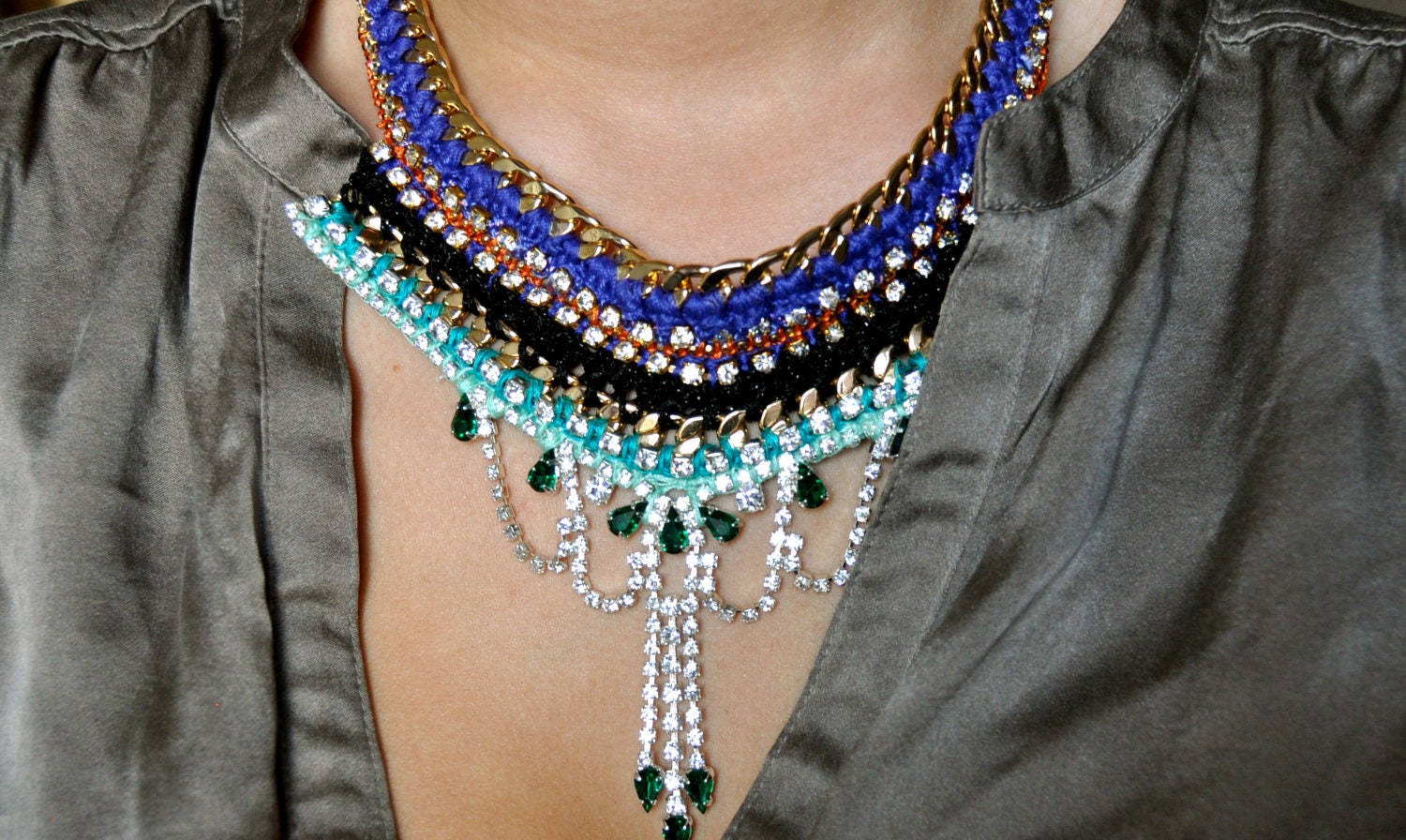 Staement Rhinestone necklace, made with gold plated chain and thread crochet work,black metallic shine thread, indigo-blue, lilac cotton