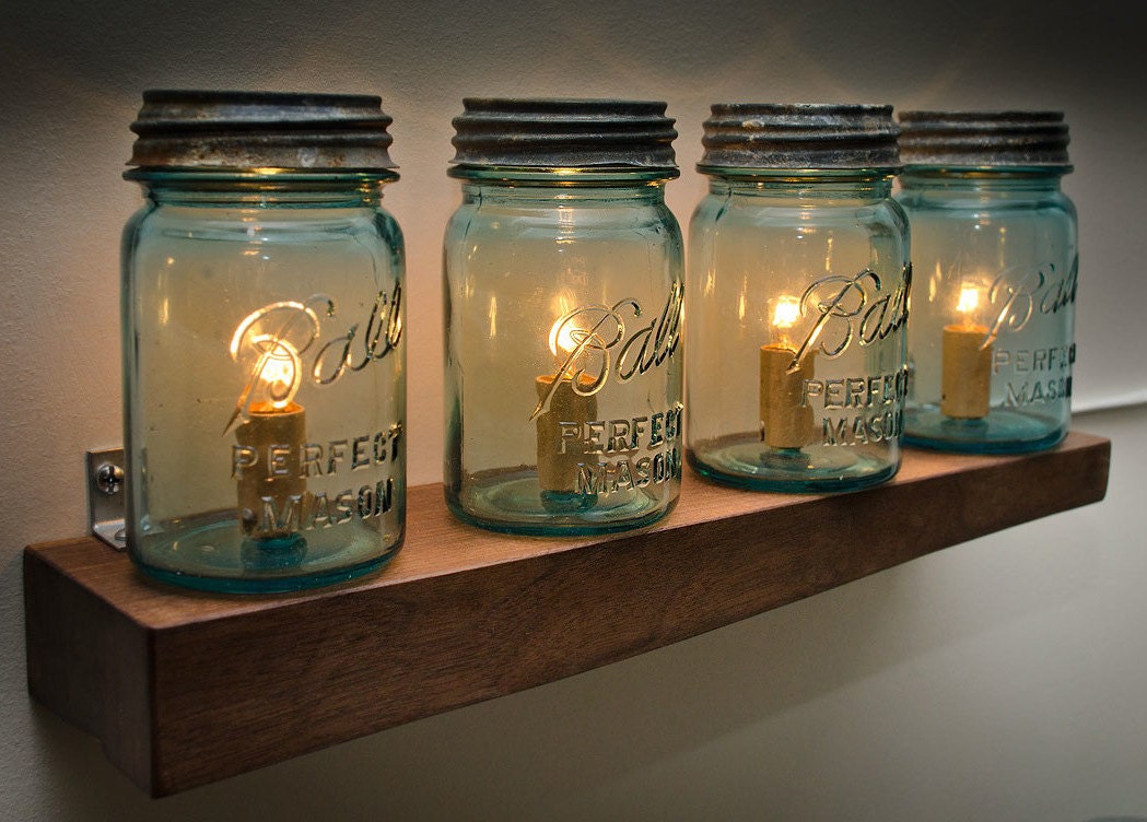 Items similar to MASON Jar LIGHT SHELF Vintage Blue Mason Jar Wood