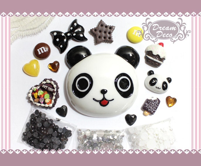 Kawaii Chocolate Cake Desserts Lovely Panda Face Bling DIY Decoden Flatback Cabochon Kit cell phone case Deco Set Kit with rhinestones DS657