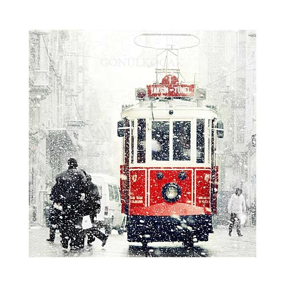 Wall decor - Tram photography, SALE Winter  Photography,  red photography, Snow Photography, istanbul photo, colour, red,  8''x8'' - gonulk