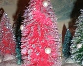 Hand dyed Pink Bottle brush Tree frosted Silver and faux pearls (6in)