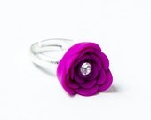 Triangle Rose Flower Ring / Polymer Clay / Crystal Dimond Stone / Handmade Jewelry