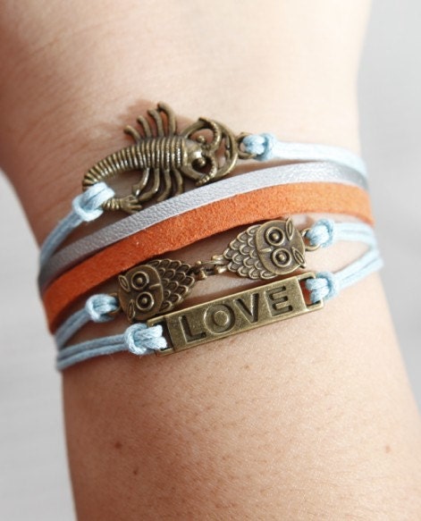 Love-antique bronze love bracelet owl bracelet scorpion bracelet,light blue wax cord flocking leather bracelet
