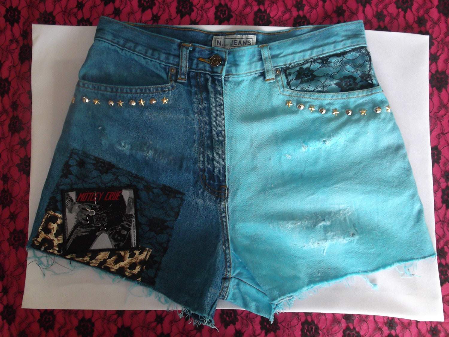 Motley Crue, High Waisted, Studded Denim Shorts With Leopard Print and Lace. Size 12.