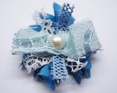 Dusk Blue shades Fabric and Lace Flower Brooch, Pin, Clothes, Hat, Scarf, Wedding, Bridal Accessories