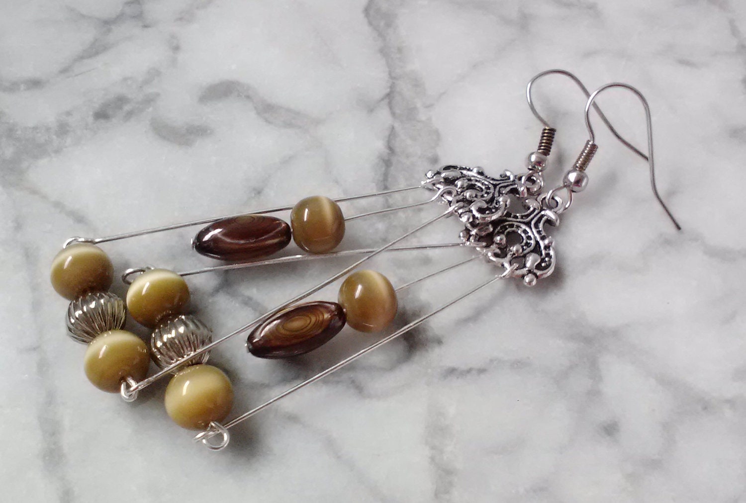 Golden Cats Eye Bead Long Earrings - Silver Scrollwork and Brown Rainbow Swirl Beads