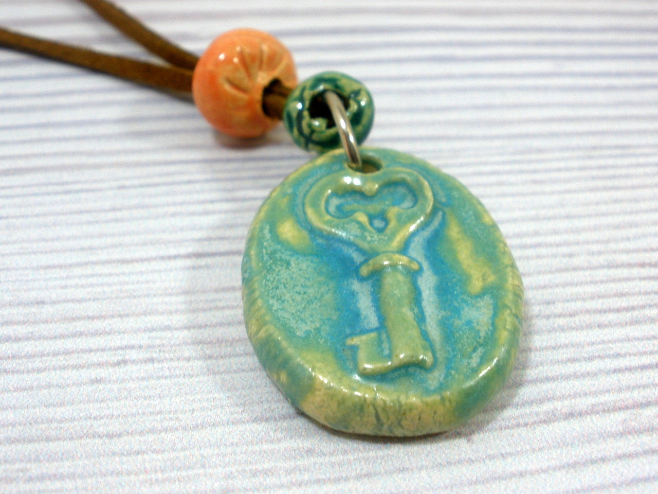 Ceramic jewelry Key pendant necklace Ceramic beaded key necklace in shades of turquoise and tangerine