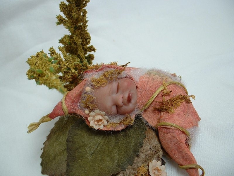 Custom OOAK Hand Sculpted Miniature Fairy Pod - Made to Order Unique Baby Pixie - Mini Art Doll Cocoon w/Wood Display