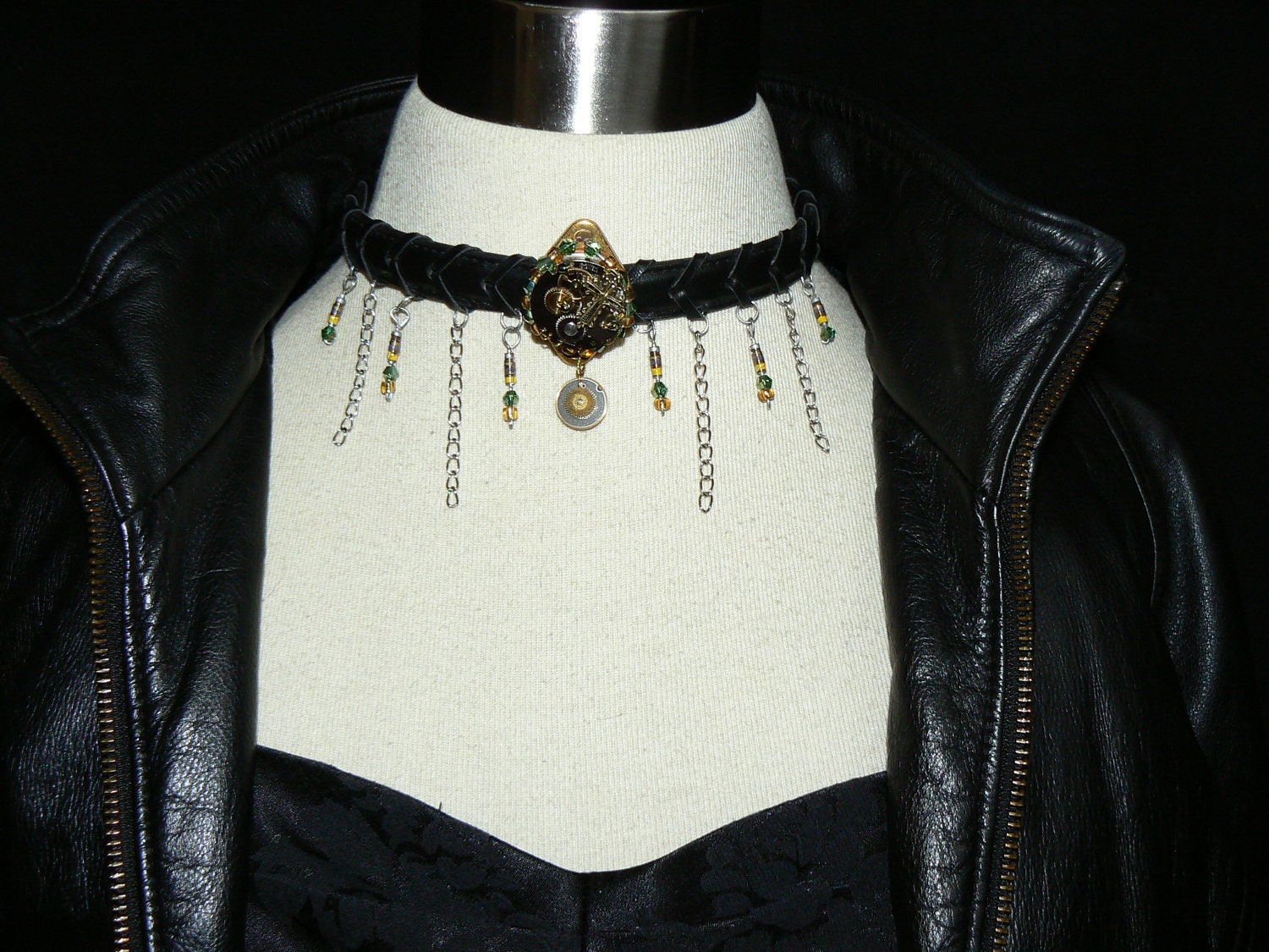 Necklace - Choker - Steampunk - Goth - Green and Yellow - Unique - Watch Gears - Chains - Cross