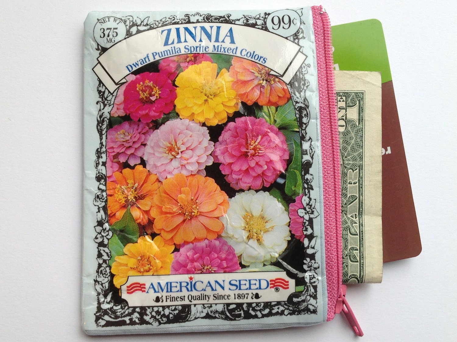 Garden Party Gift Idea- Card Case  - Upcycled Zinnia Dwarf Flower Seed Packet Small Zipper Pouch