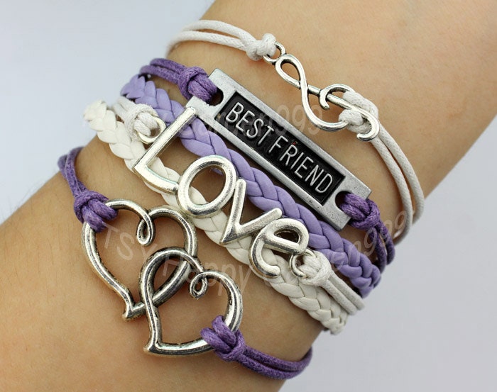 Love,Best Friend ,Note & Silvery Heart To Heart Bracelet  Silver Rope and Leather Bracelet Best friendship Gift Personalized Bracelet-J560