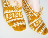hand knitted wool slippers traditional mustard ivory slippers socks authentic footwear booties ethnic turkish handmade slippers gift ideas