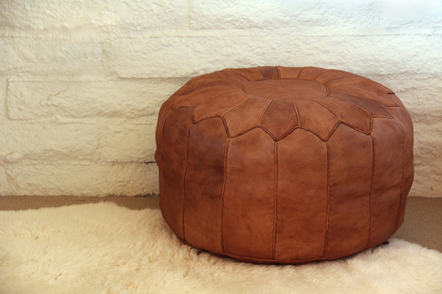 Tan Moroccan Leather Pouf Discounted for Irregular by popmaroc