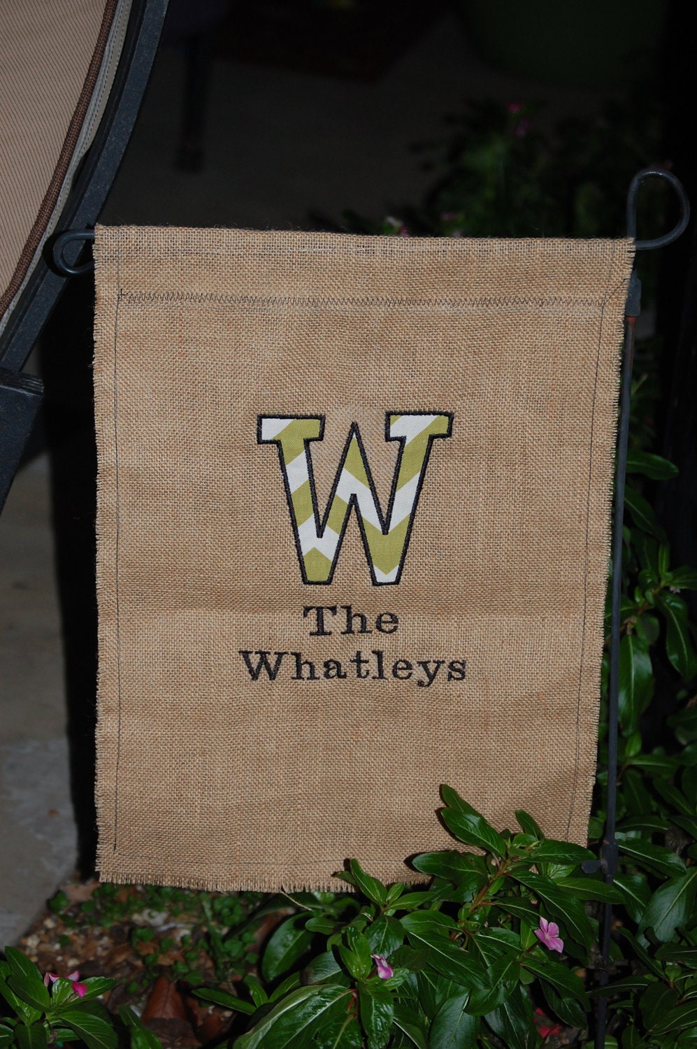 Outdoor Garden Flag with Appliqued Letter and Embroidered Information