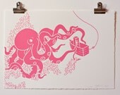 Pink Octopus, Screenprint on Fabriano paper, Free P&P